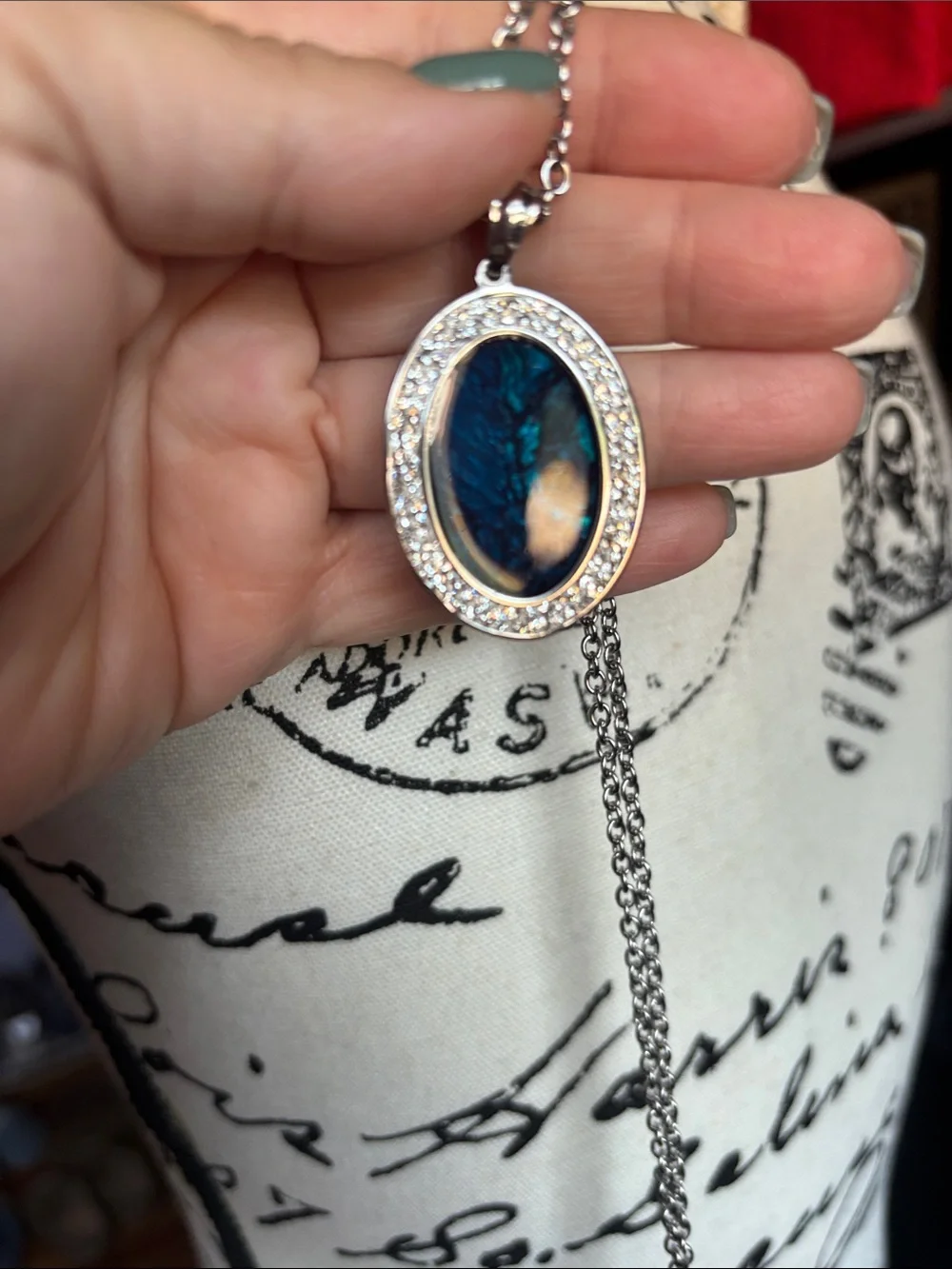 Silver Necklace with Dark Blue Oval Pendant